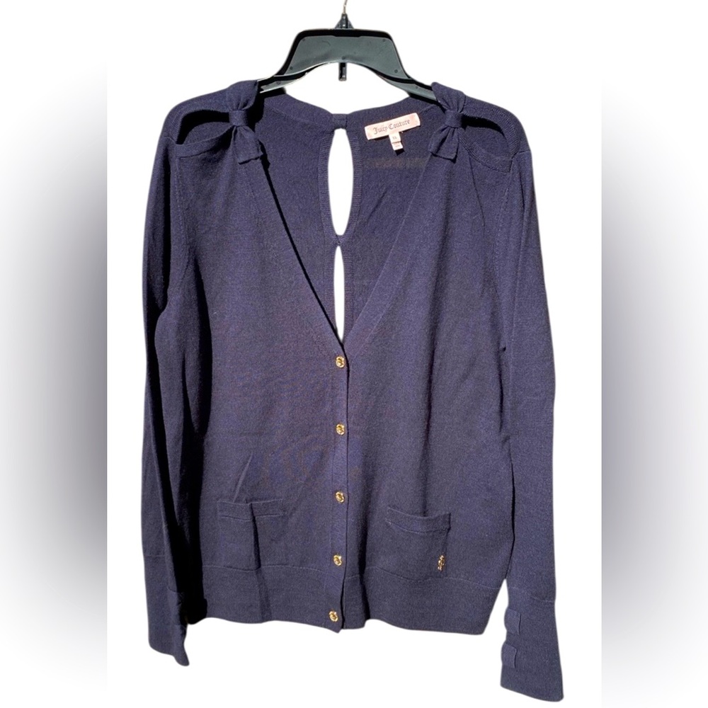 Vintage Juicy Couture 100% Wool Navy Elisa Bow Open Back Cardigan - Large